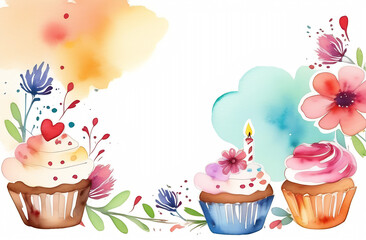 birthday card with space for text, flowers and cupcakes drawn in watercolor, 2/3 free space for text 