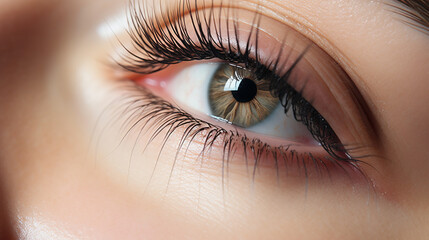 Obraz premium Eyelash Extension Procedure. Close-up of an eye with long and thick eyelashes, eyes visage. Woman eye with long false eyelashes. Cosmetics&nbsp;and&nbsp;make-up
