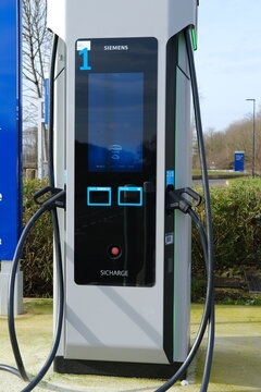 A tight shot of an electric charging station in a rest area near Chateaudun. A11 Motorway, France - January 29, 2024.