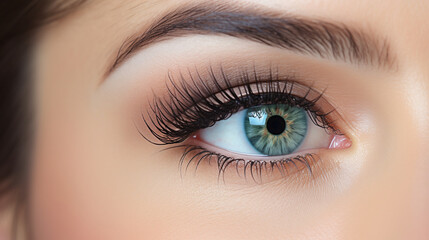 Fototapeta premium Eyelash Extension Procedure. Close-up of an eye with long and thick eyelashes, eyes visage. Woman eye with long false eyelashes. Cosmetics&nbsp;and&nbsp;make-up