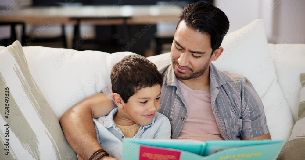 Sticker Family, reading and son with father on sofa in living room of home together for learning or literature. Education, storytelling book or child development with parent and boy child in apartment