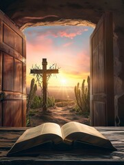 Christian Cross and open book with crown of thorns with Doors background sunset view. Palm Sunday concept, copy space - generative ai - obrazy, fototapety, plakaty