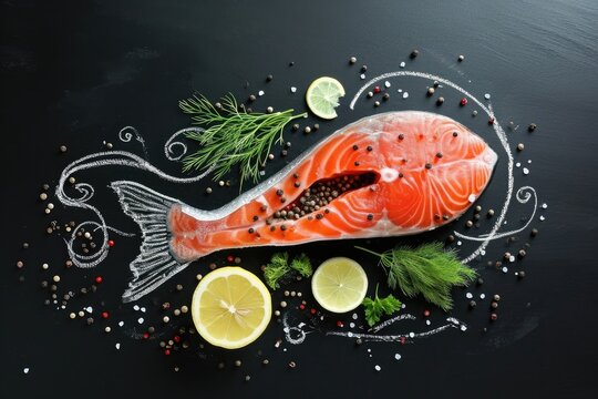 Chalk drawing of a salmon steak and fishing rod on a blackboard with lemon pepper salt and dill