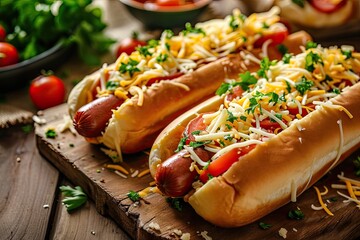 Cheesy hot dogs on a wooden surface