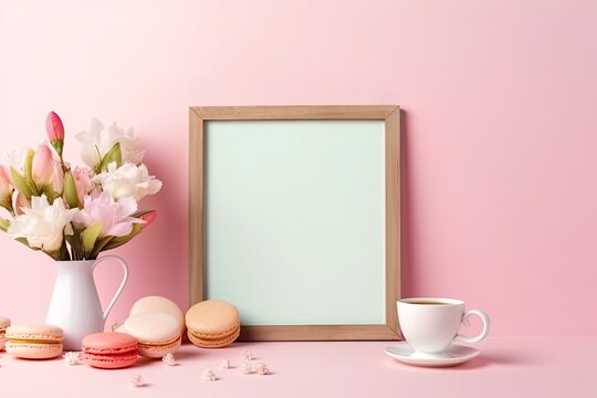 On the pink background are a picture frame, orchid flowers, a cup of tea, and treats. the absence of text. mockup with place for copy