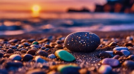 beautiful beach colored stones in the beach side with waves at the night, phosphorus stones, colored beach stones background