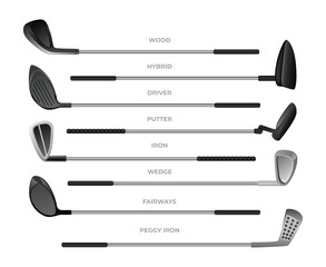 Set of Different Golf Club Types Collection with Wood, Hybird, Driver, Putter, Iron, Wedge, Fairways and Peggy Iron for sports apps and websites, golf championship tools, vector illustration - obrazy, fototapety, plakaty