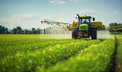 The tractor sprays the crops in the amzing field