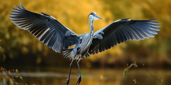 Animal wildlife photography - Gray heron ( Ardea cinerea ) with wings flying wide open, Generative AI
