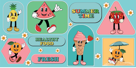 Fototapeta premium Collection of summer fruit stickers in groovy retro style. Funny psychedelic trendy retro elements flat vector symbols illustration set. Retro hippie badges collection