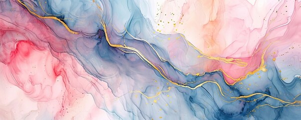 Abstract watercolor paint background illustration - Soft pastel pink blue color and golden lines, with liquid fluid marbled paper texture banner texture, Generative AI - obrazy, fototapety, plakaty