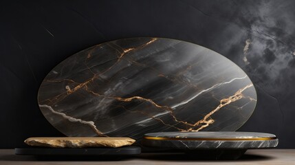 Luxurious 3d oval dark marble podium with gold embellishments for glamorous cosmetics exhibition, banner