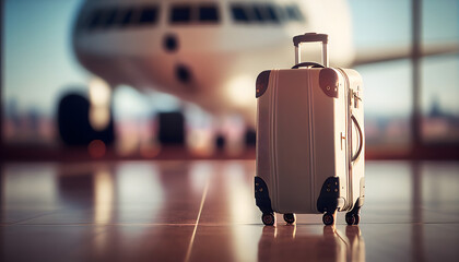 A suitcase on a runway with blurred airplane in the background. Business travel concept. Travel...