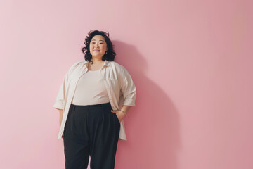 overweight asian woman against a light pink studio background with copy space
