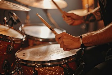 Close up of a drummer s hands rhythmically hitting drums at a studio - obrazy, fototapety, plakaty