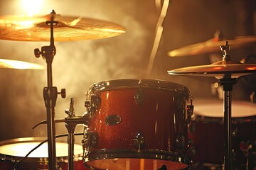 Close up of a drum kit beautiful light in the background with space for text