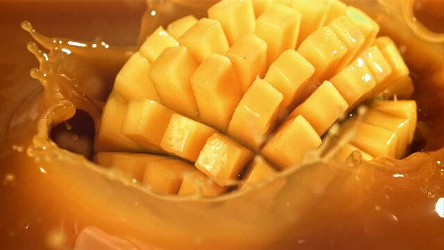 Half a mango falls into the juice with splashes. Filmed on a high-speed camera at 1000 fps. High quality FullHD footage