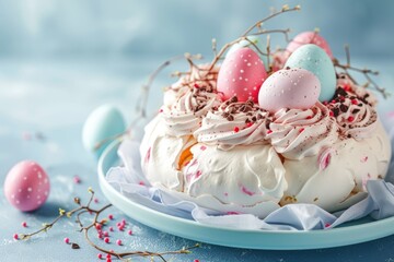Close up of a Pavlova cake with chocolate eggs buttercream frosting on a light blue background Easter and spring love theme - obrazy, fototapety, plakaty