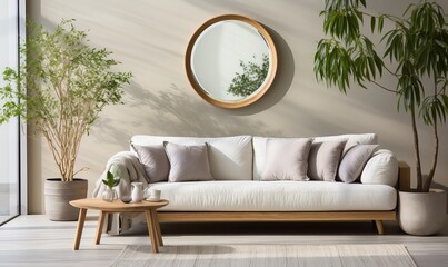 Interior of light living room with comfortable sofa, houseplants and mirror near light wall