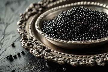 Close up of black caviar on a silver vintage plate