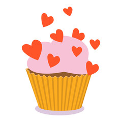 Vector cupcake muffin with valentine heart, flat vector illustration