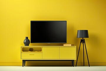 Blank background with a smart TV on a yellow table and a propped yellow cupboard