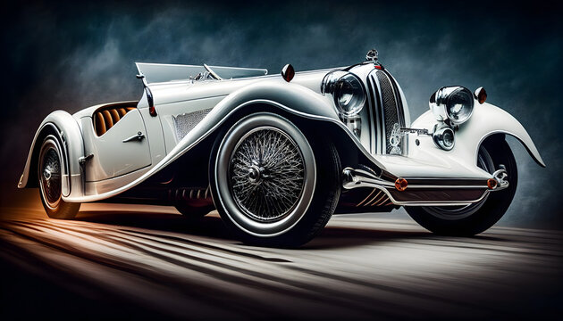 Fototapeta A white vintage classic car. Race, speed, elegance theme. Generative AI.