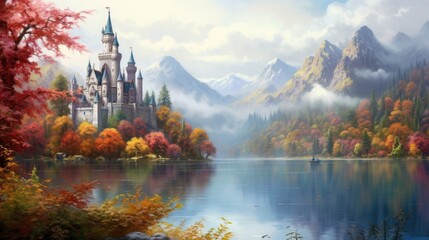 Magic Fairy Tale Castle on the lake. Fairy Tale Castle on the lake. Fairy Tale Castle on a background of mountains and sky - obrazy, fototapety, plakaty