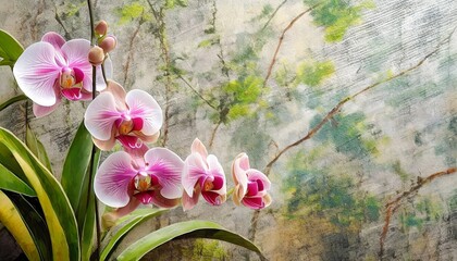 pink orchid on the textured wall mural wallpaper for internal printing