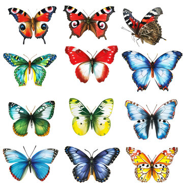 This image is a collection of colorful butterflies drawn in a watercolor style, each with a unique and vibrant color and pattern on their wings. They can be used for educational purposes to illustrate