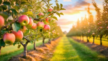 fruit farm with apple trees branch with natural apples on blurred background of apple orchard in golden hour concept organic local season fruits and harvesting finest  - obrazy, fototapety, plakaty