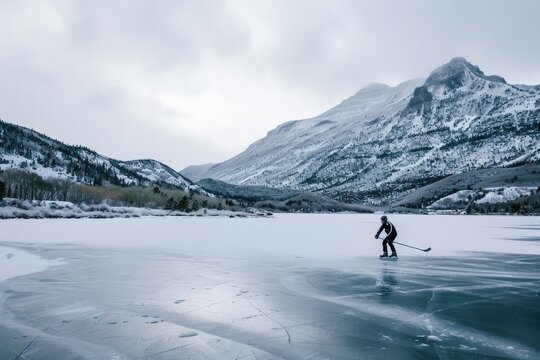 Hockey player turns fast on frozen mountain pond 