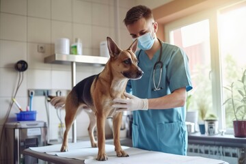 Late 20s Caucasian doctor in scrubs and protective face mask stretching front leg of dog standing on exam table to check range of mobility. 