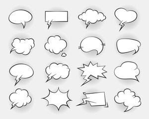 Set of comic speech bubbles. Retro empty comic bubbles with black halftone shadows. Vintage design, pop art style. Vector