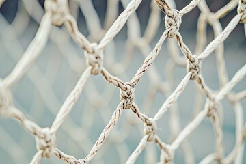 Close up of white net ropes in a football goal Macro shot with shallow depth of field Football...