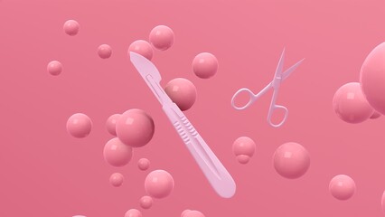 3d rendering picture of glossy scalpel on pink background with floating bubbles. Abstract wallpaper. Dynamic wallpaper. Modern cover design. 3D illustration.