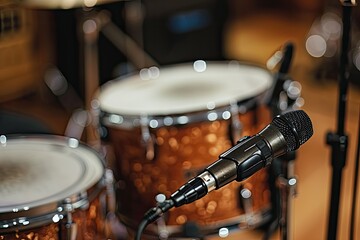 Naklejka premium Close up of wood drum kit with silver finish black microphone attached to stand pointed at snare drum