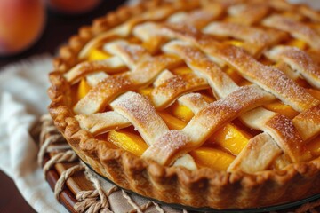 Close up photo advertising homemade peach pie and confectionery products