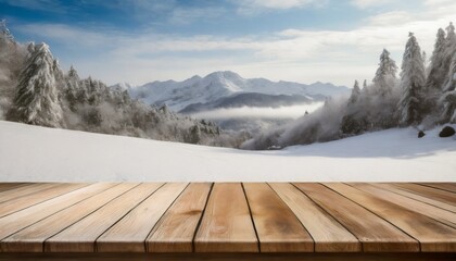 empty table in beautiful winter landscape wood plank board in snow mountain outdoor comeliness