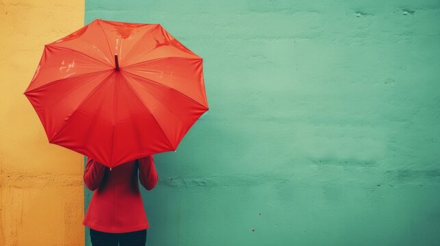 Person holding a bold red umbrella in front of a textured green wall, embodying concepts of protection and anonymity