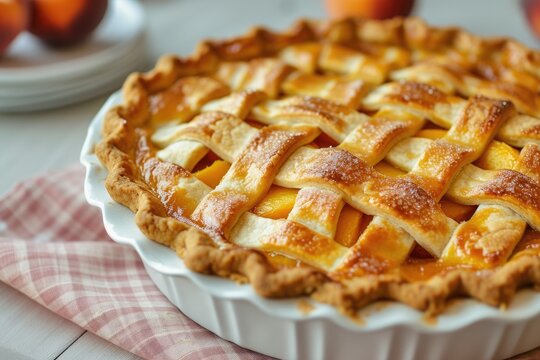 Close up photo advertising homemade peach pie for confectionery