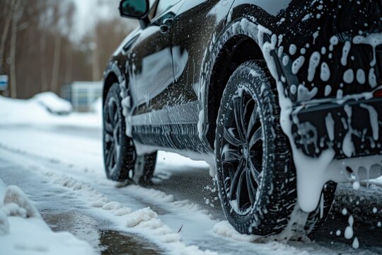 Close up photo of a black electric SUV engulfed in soapy foam with foam dripping from the rear fender onto the family car s tire and rim
