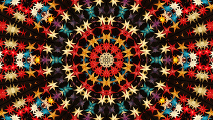 Abstract colorful kaleidoscopic pattern with bright glowing christmas stars