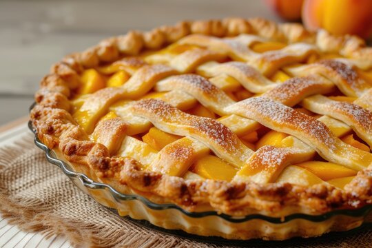 Close up photo of homemade peach pie for advertising confectionery products