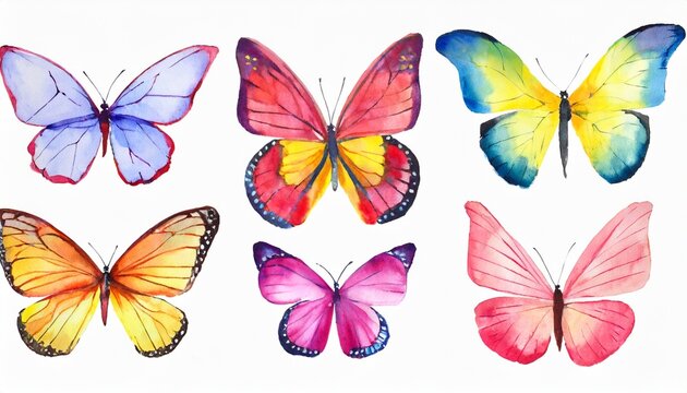 watercolor colorful butterflies isolated butterfly on white background blue yellow pink and red butterfly spring illustration