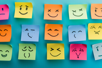 Testimonial rating concept with colorful sticky notes. various mood faces drew on sticky notes, cute abstract hand-drawn emoji drawings on page, Optimism and pessimism emotion concept wallpaper banner