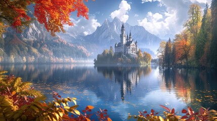 Magic Fairy Tale Castle on the lake. Fairy Tale Castle on the lake. Fairy Tale Castle on a background of mountains and sky - obrazy, fototapety, plakaty