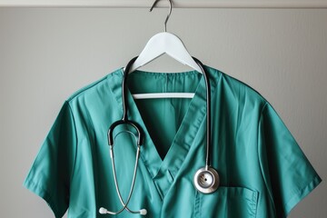 Closeup of a doctor s scrubs and stethoscope on hanger neutral background Green surgical smock on white hanger gray background copy space - obrazy, fototapety, plakaty