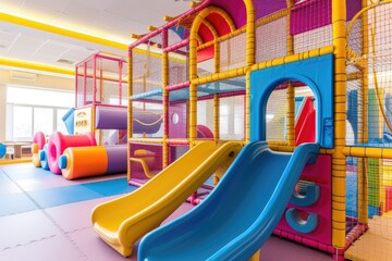 Inside kids playground, nice colorful gym. Playroom, recreation theme.