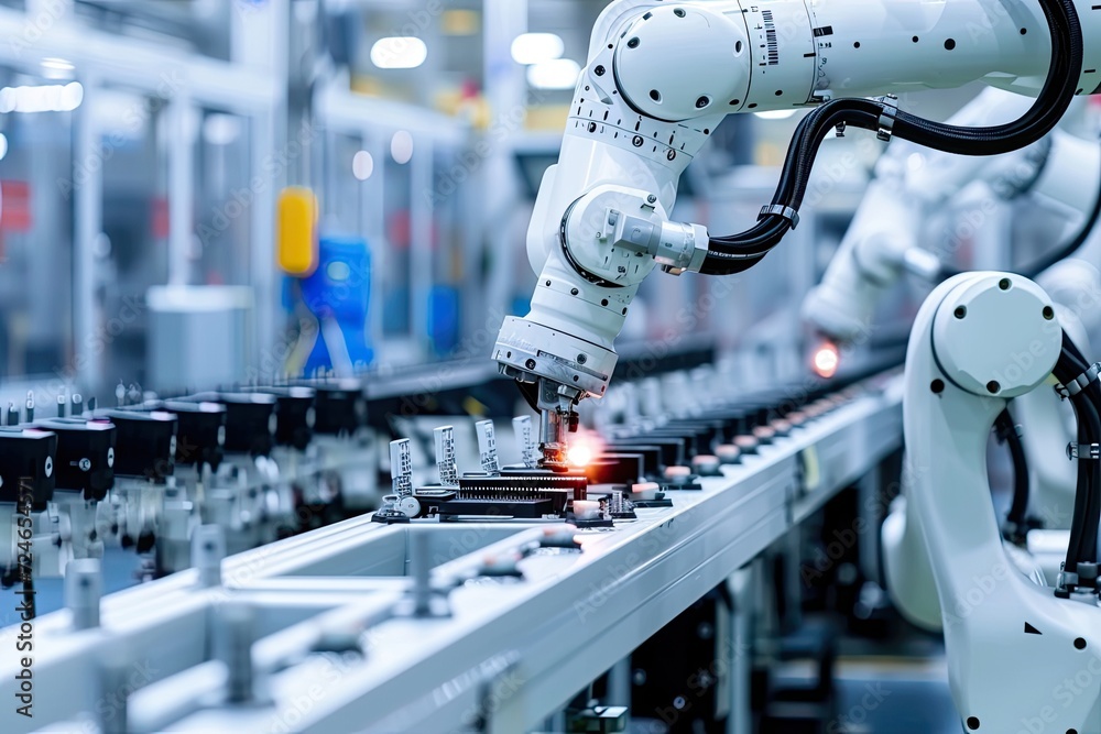 Leinwandbilder robotic arm for electronic assembly line. smart modern factory automation using advanced machines.